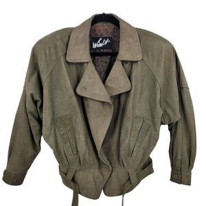 Rare Vintage 80s Winlit Army Green Leather Bomber Jacket M Raglan Belted